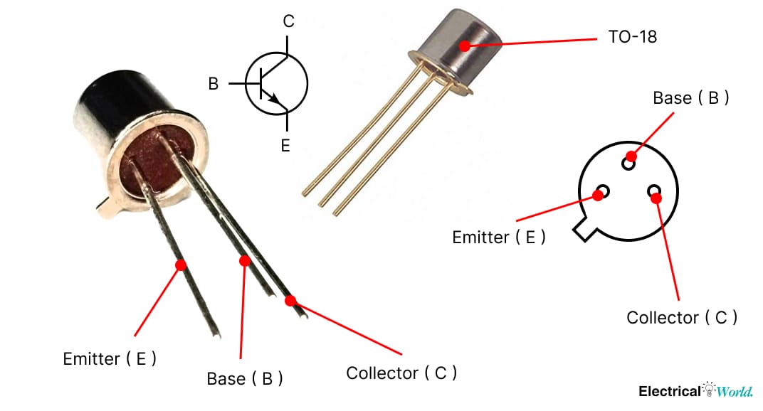 2N2222A NPN transistor package and pinout showing collector, base, and emitter terminals.