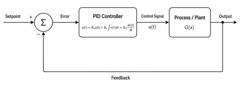 PID Controller Block Diagram showing setpoint, error, PID block, process, and feedback