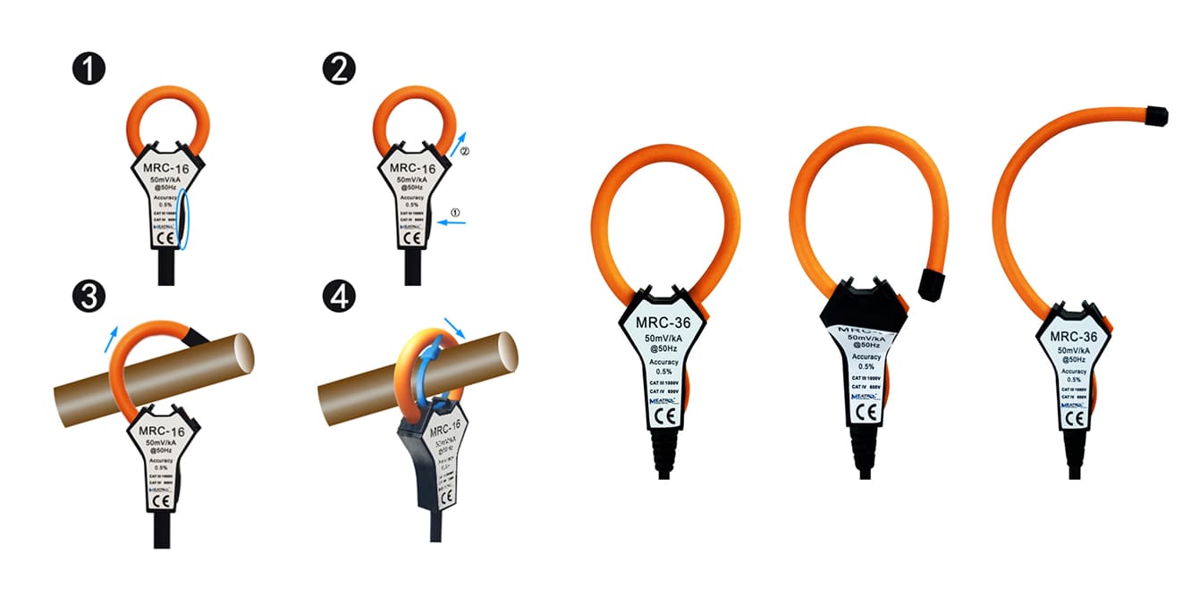 Flexible Rogowski Coil Current Sensor wrapped around a conductor for measuring high AC currents without magnetic core saturation