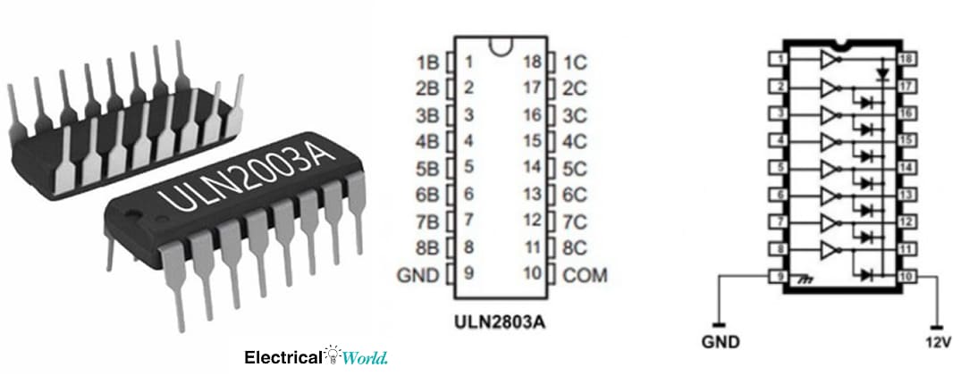 ULN2003A Darlington transistor array showing input pins, output pins, COM pin, and ground connection.